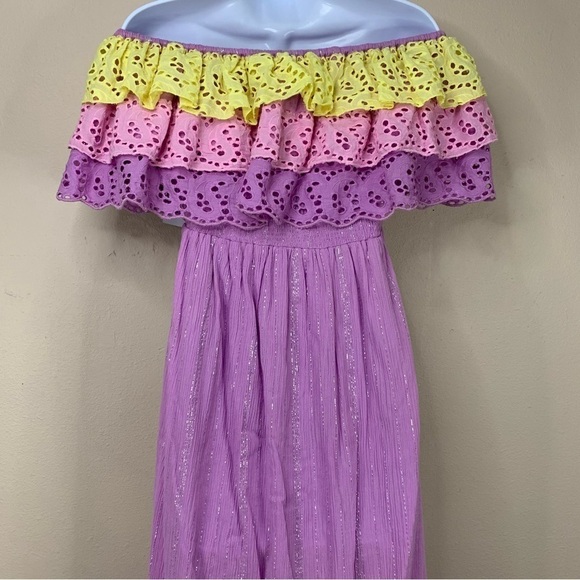 NEW Sundress Ruffle Lace Maxi Dress Pastel Strapless Purple Pink Yellow Vibrant - Picture 12 of 13